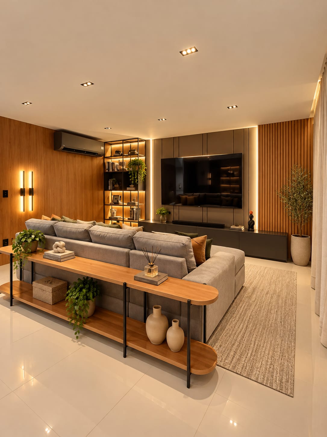 Living com painel ripado projetado por Rafaela Farias